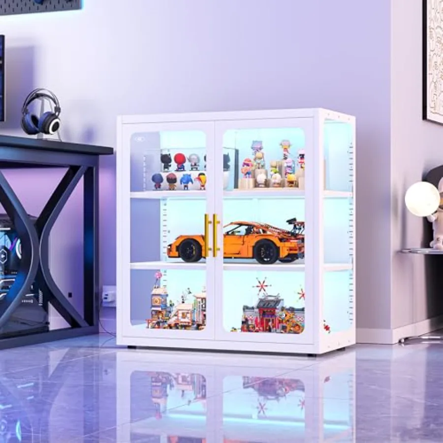 34 Tall Glass Display Cabinet with RGB LED Ambient Lights for Living Room, Tempered Glass, Black, Adjustable Shelves