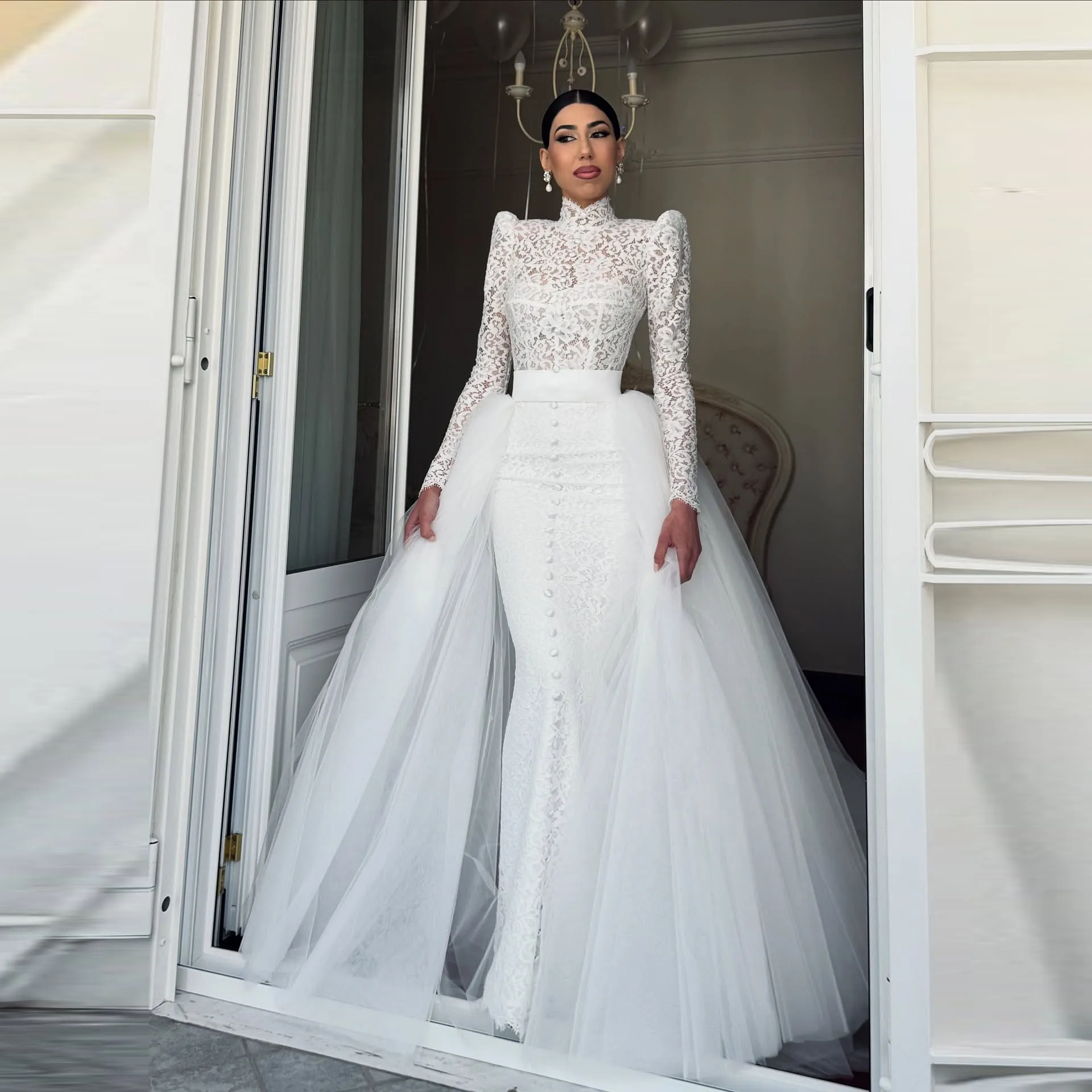 

Luxury Detachable Bridal Skirt 2026, White Tulle Ball Gown with Lace Mermaid Layer High Waist Satin Belt Wedding Overlay Skirts