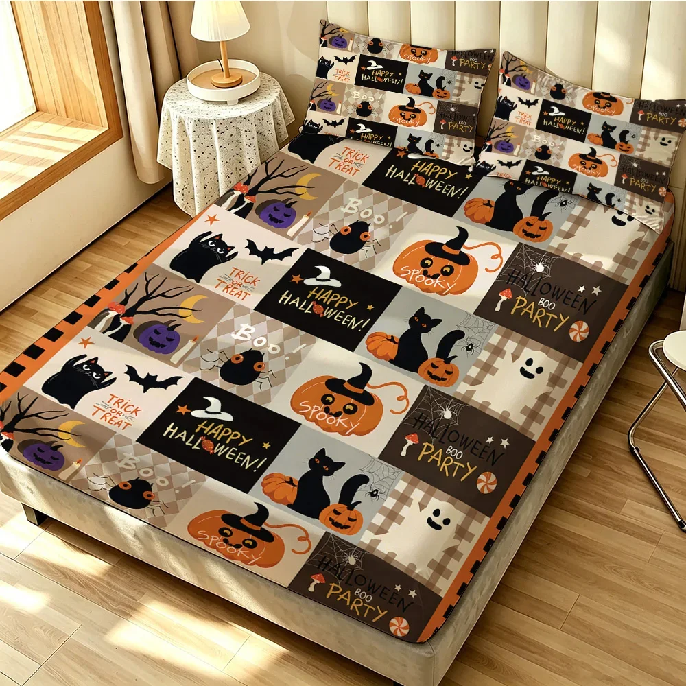 Halloween Puzzle Black Cat Pumpkin Fitted Sheet 3PCS Set Spooky Cartoon Bedding Set 1 Fitted Sheet + 2 Pillowcases