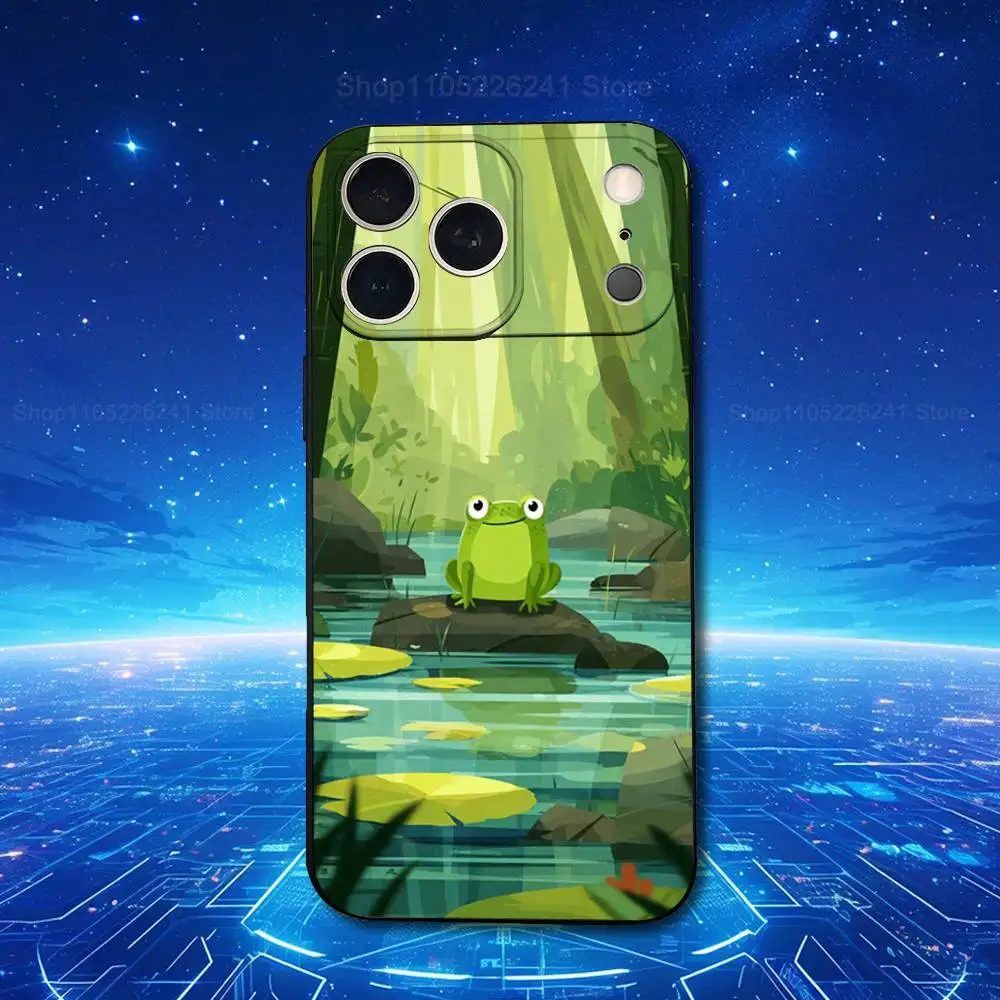 Lindo dibujo de rana artística para iPhone 8,7,11,12,15,14,13,16,17,Plus,Pro Max,XS,X,XR,SE,Mini,funda negra de silicona suave