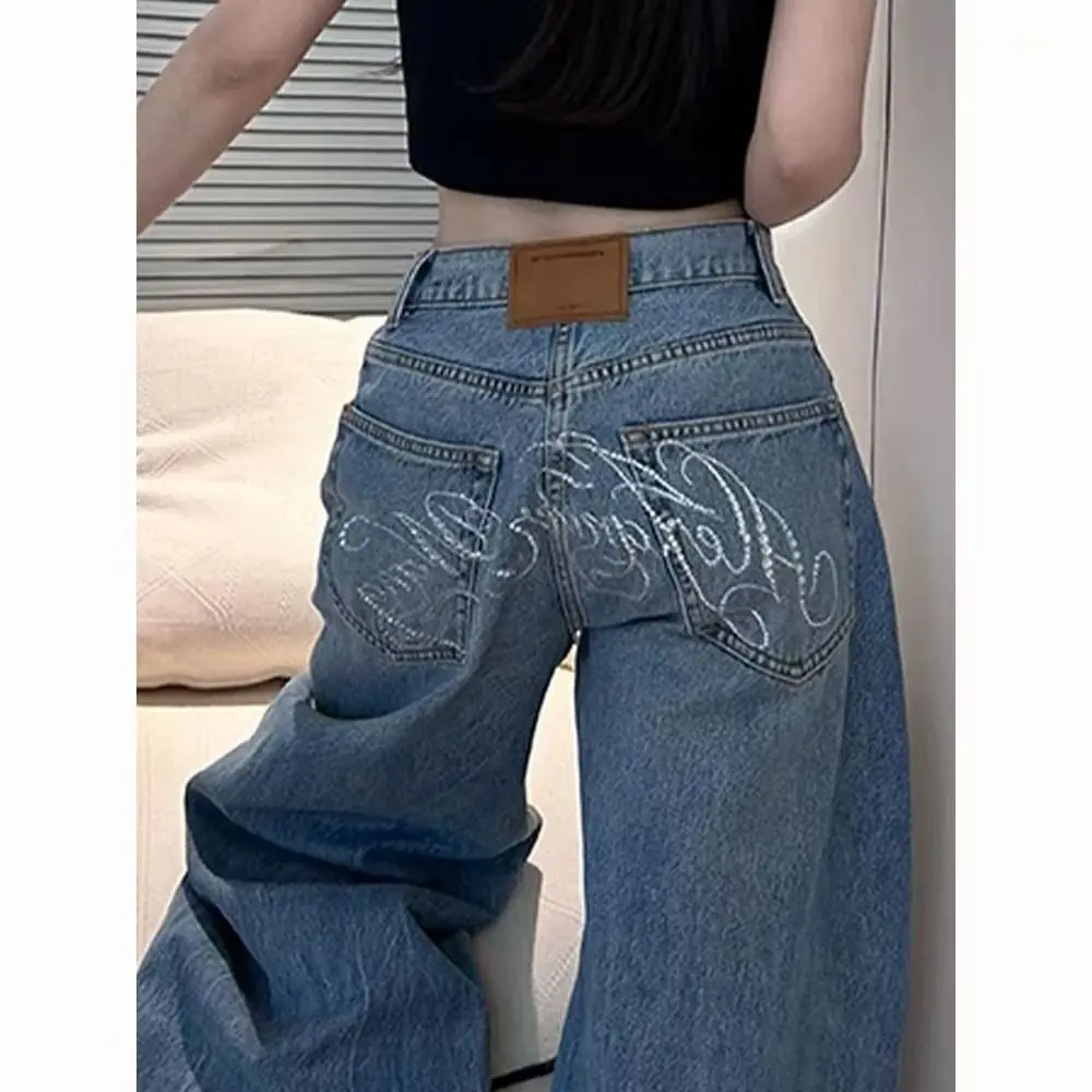 Chaud diamant lettres rétro fille chaude taille haute Vintage surdimensionné jean haute rue mode décontracté femmes ample jambe large eans
