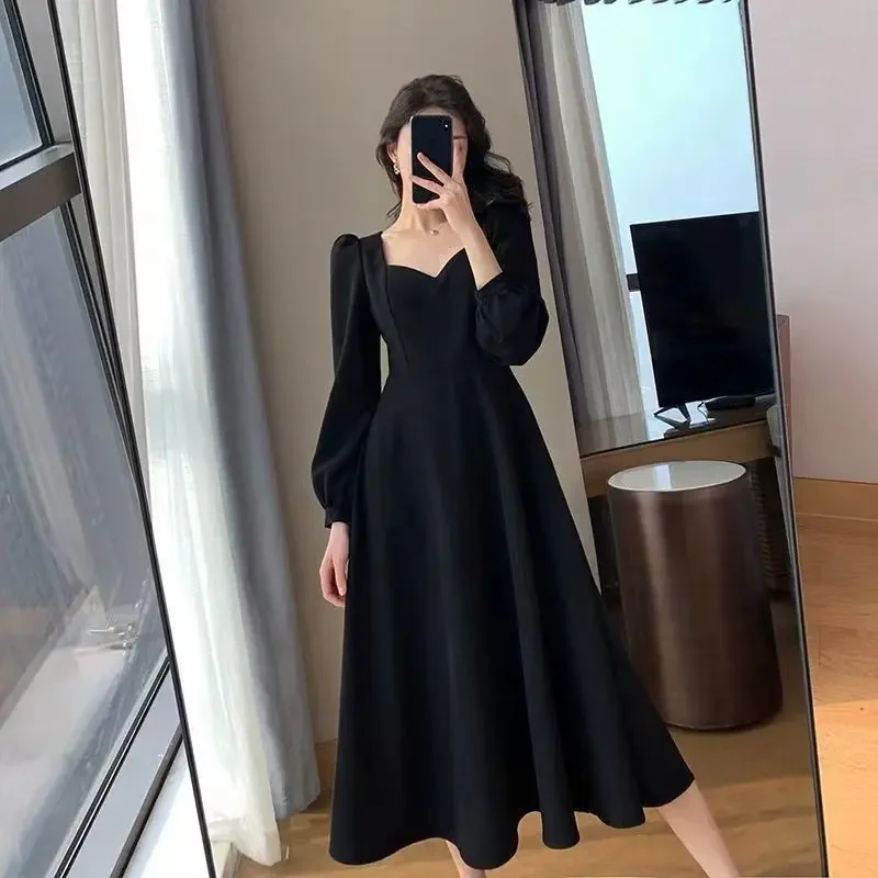 Primavera 2022 novo vintage com decote em v longo vestido preto feminino elegante legging vestido estilo hebon