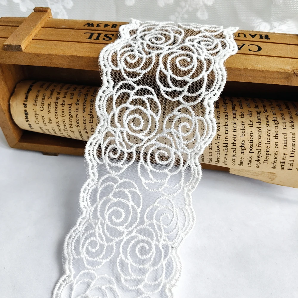 14yards White Cotton Thread Embroidered + Mesh Lace Ribbon Fabric Trimmings Garment Clothing DIY Handmade Sewing Accessories