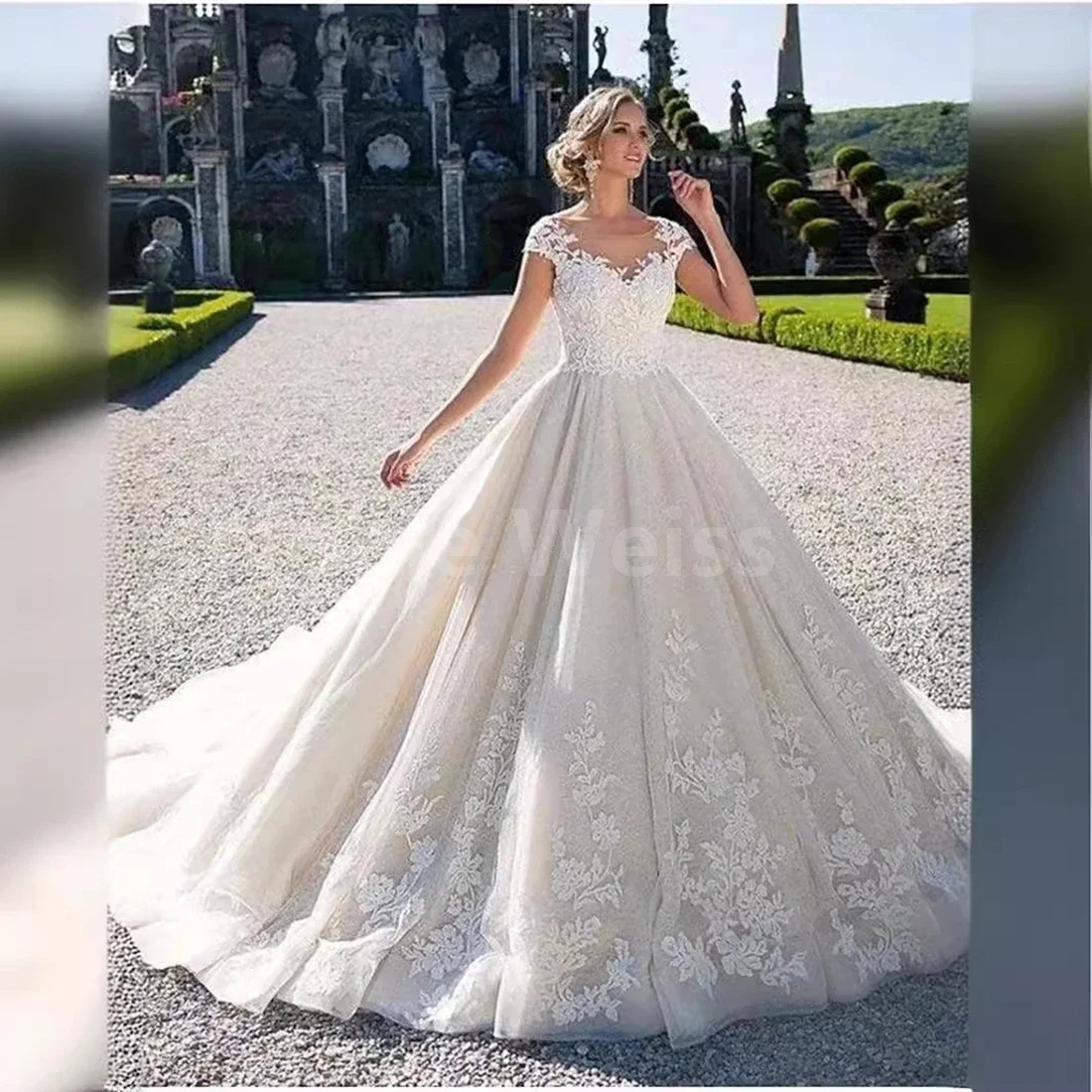 

Bespoke Wedding Dress with Court Train and O-Neckline Appliques A-Line Bridal Gown customized