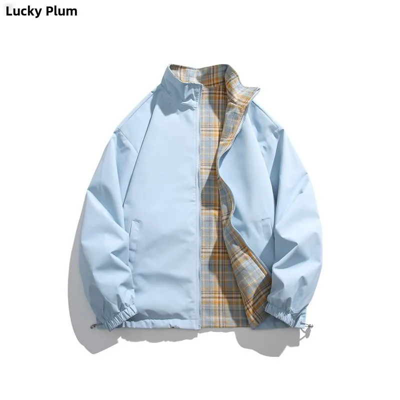 

Double-Sided Wear Plaid Jaet Men's Spring Autumn Sle Stand Collar Windproof Polyester Fiber Casual Faion Outerwear
