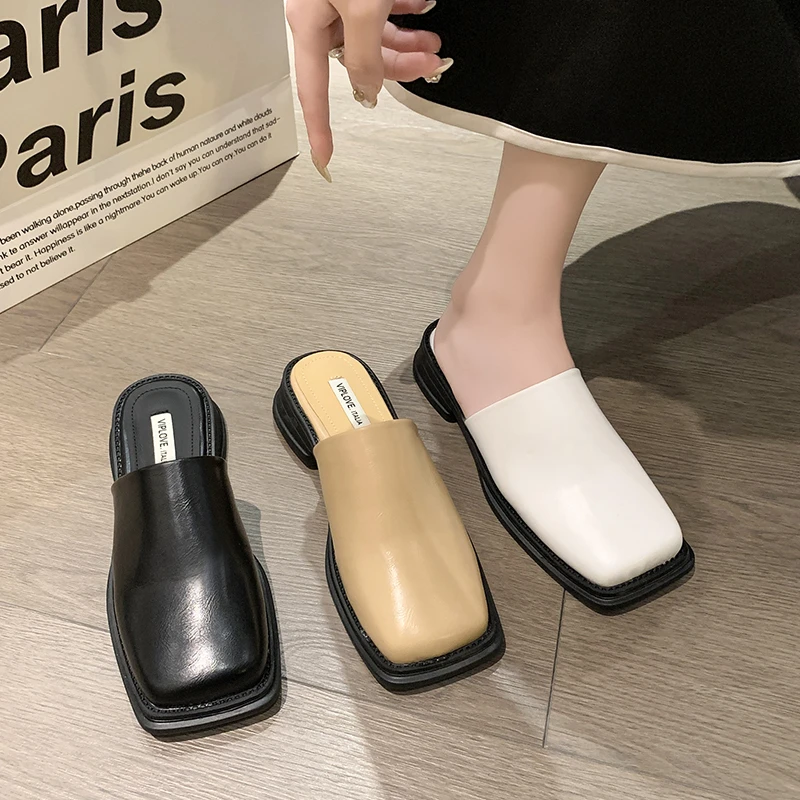 Shoes Mules For Women 2024 Square Toe Beige Heeled Sandals Ladies\' Slippers Shallow Low Loafers Black Cover Block Flat Slides Ba