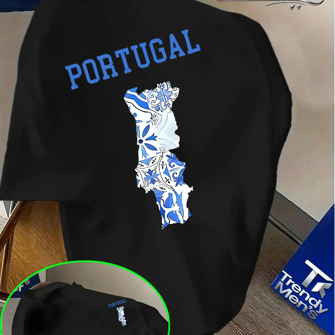 Portuguese Azulejo Tile Map Print Men's 100% Cotton T-shirt Casual O-neck Short Sleeve Tops Streetwear Tees