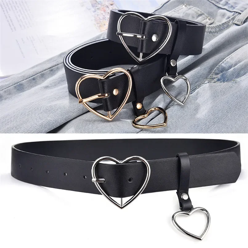 Cute Leather Belt Metal Heart Shape Buckle Camel White Black Retro