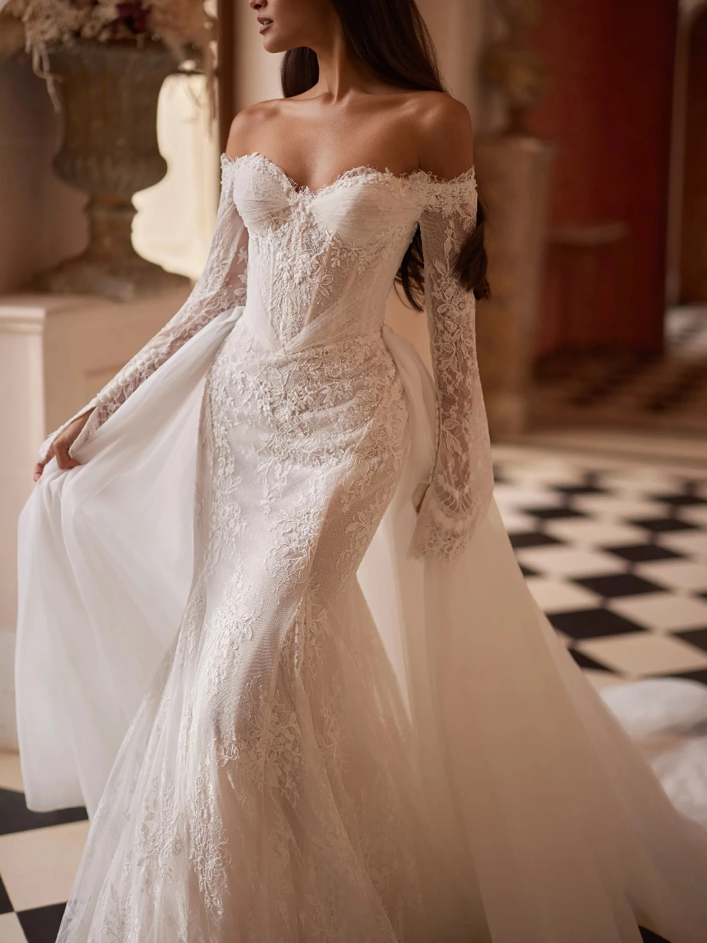 Lace Appliques Mermaid Wedding Dress With Detachable Train Graceful Romantic Customized Off-the-shoulder Zipper Back Bridal Gown