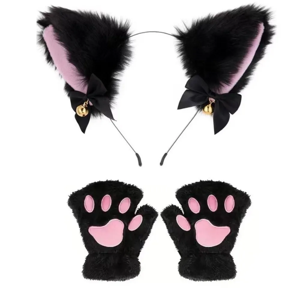 Doux chat femme oreilles de chat bandeau ensemble arc Jk Cosplay chapeaux en peluche Lolita Halloween habiller fille