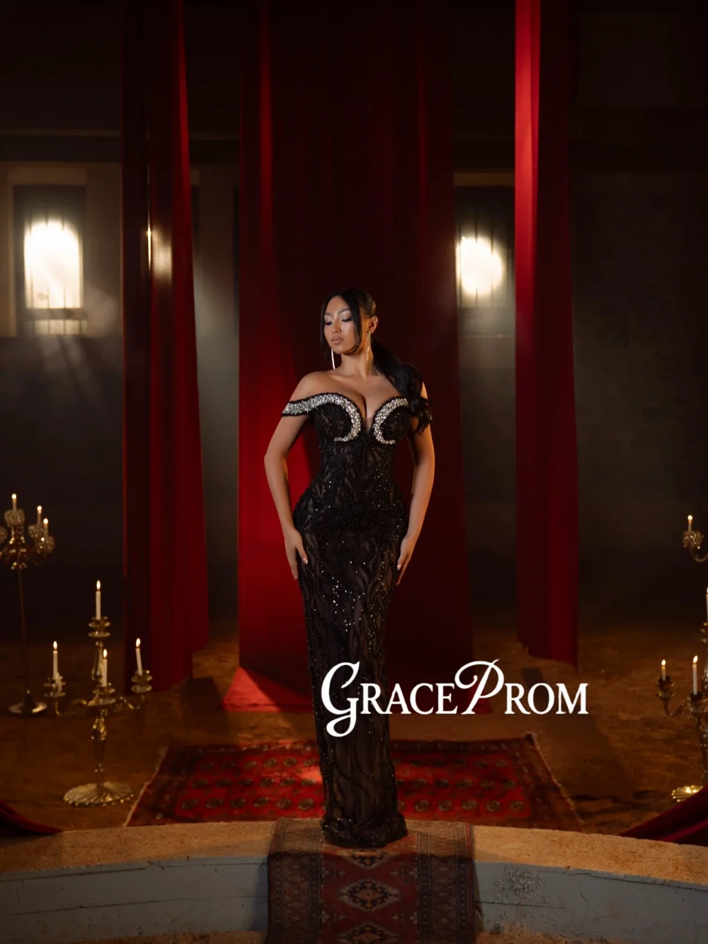 

Black Luxury Pearls Long Evening Dress Silver Crystal Off Shoulder Wedding Party Gown 2026 Customized Straight Red Carpet Gowns