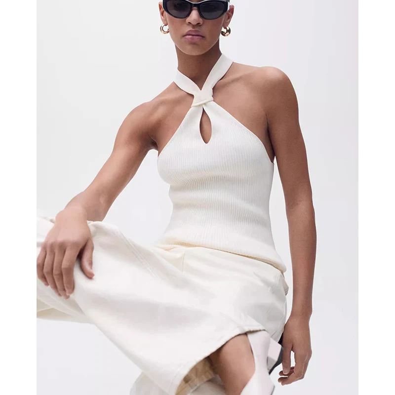 تصميم نسائي صيفي جديد بسيط متعدد الاستخدامات Ne معلق Svel ort Top تصميم أصلي غير متماثل بقصة ضيقة من ألياف البوليستر #2