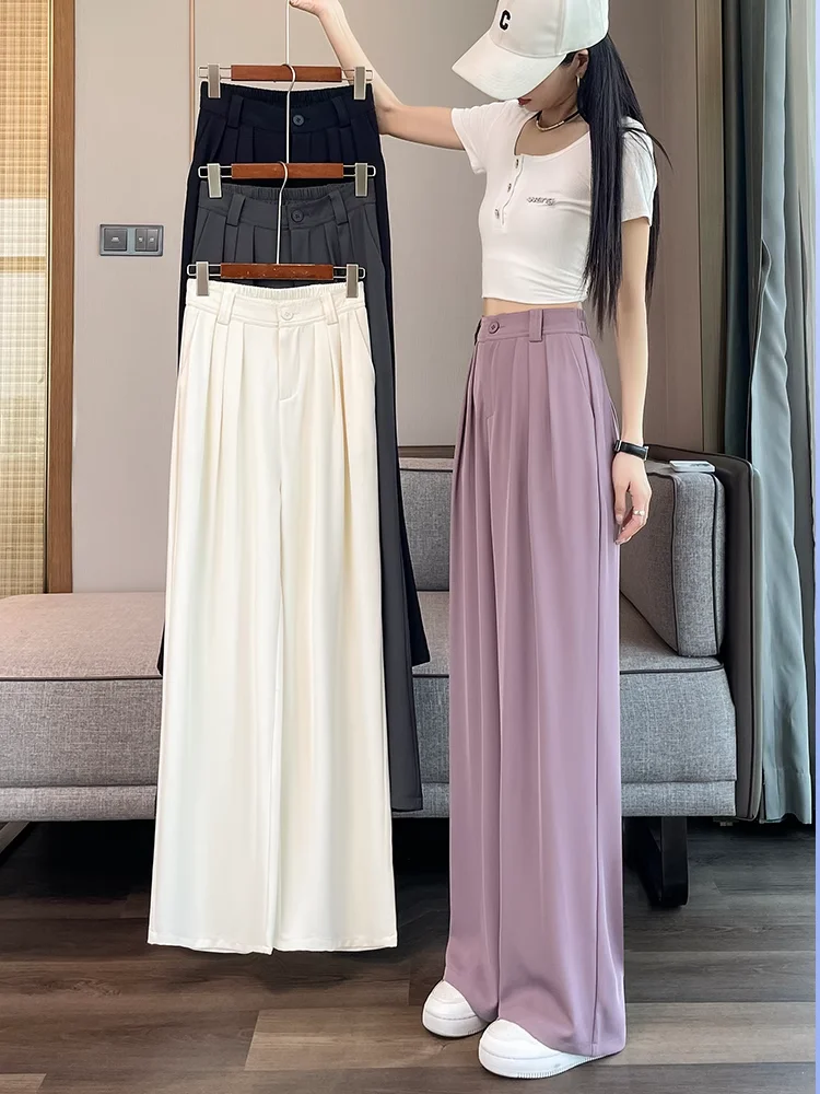 여름 얇은 하이웨이스트 드레이피 아이스 실크 와이드 레그 팬츠 여성 캐주얼 루즈 스트레이트 컷 트라우저 스커트 스타일 니트 폴리에스터