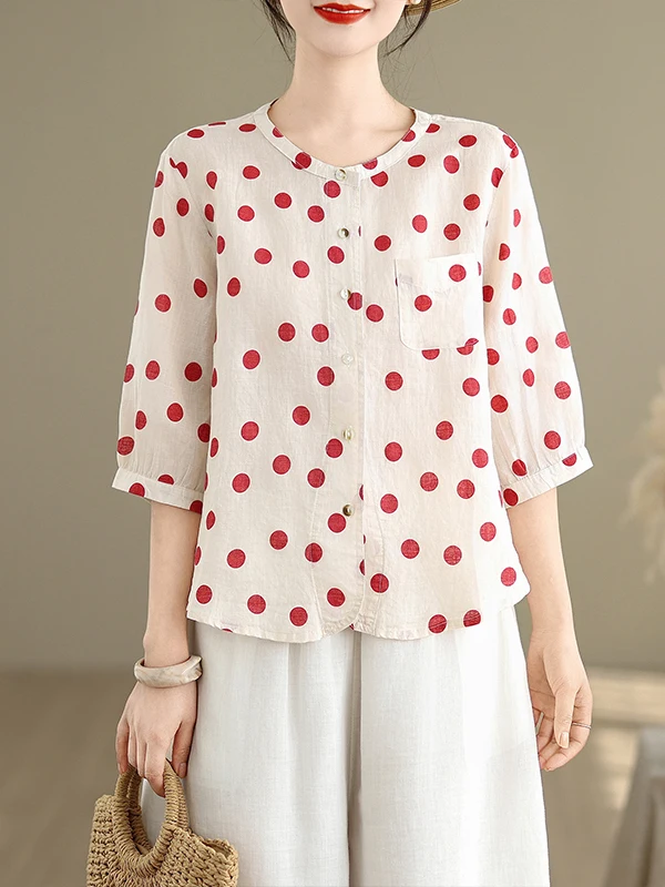 Décontracté ample lin irt femmes été nouveau Sle ort Sve à pois ouvert Cardigan Faion artistique couleur Blo Blouse