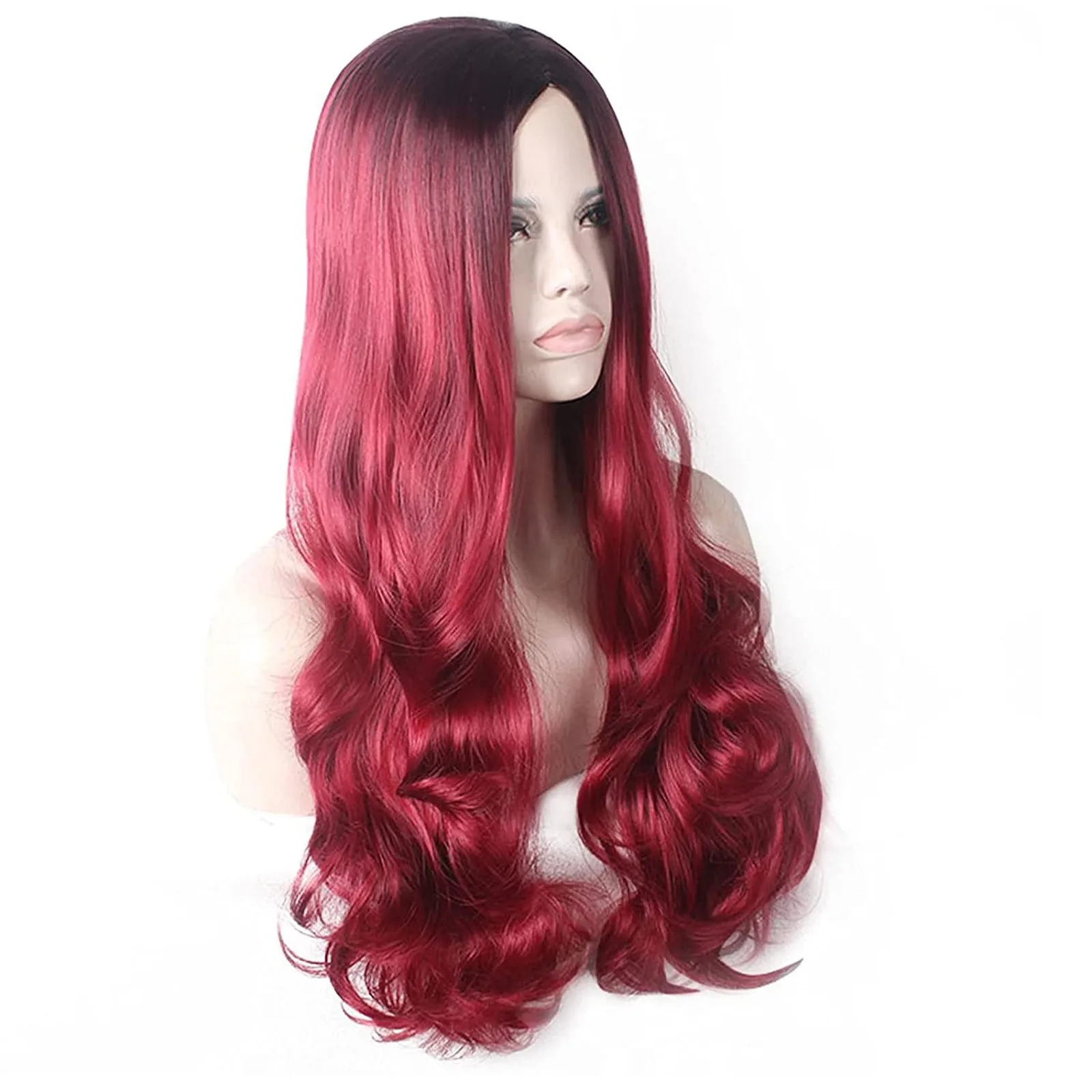 Gradient Burgundy Long Wavy Wigs Wine Center Parted Daily Date Synthetic Hair Party Cosplay Wig Heat Resistant Fiber