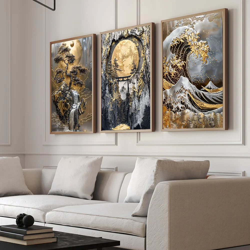 Golden Tree and Moon Abstract Painting Canvas Print, Luxury Wall Art, Minimalist Poster, Asian Style Pictures For Home Interior