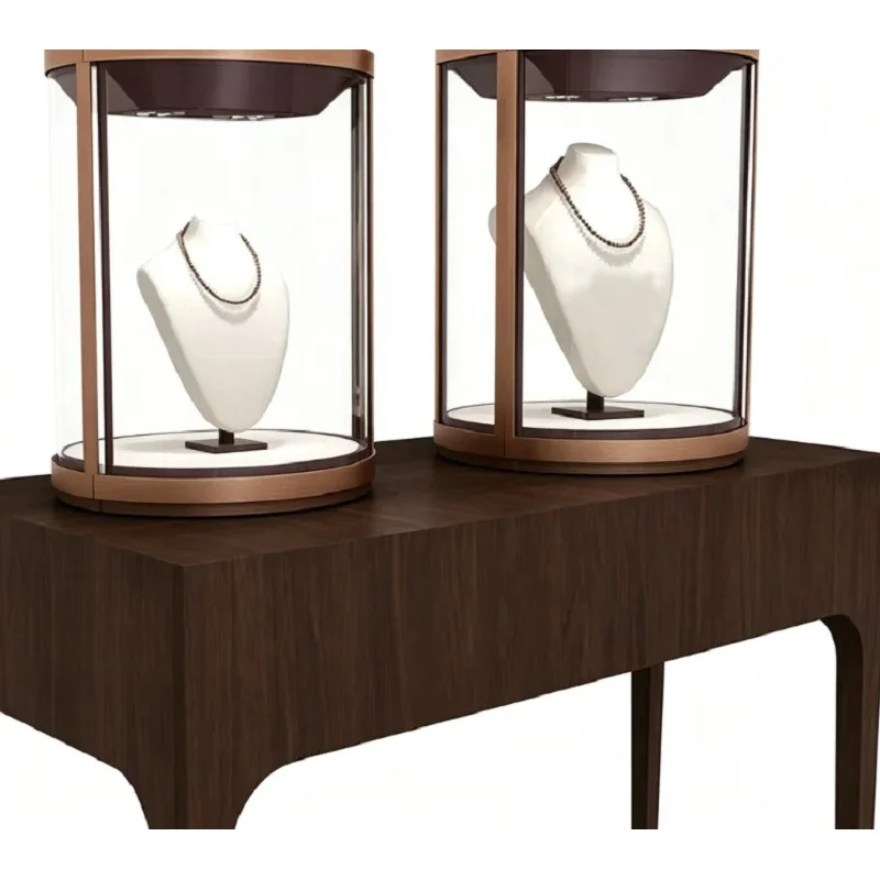 custom.Luxury Dark Wood Rose Gold Jewelry Display Set Complete Turnkey Fixture Package Pedestal Base Cylindrical Necklace Showca