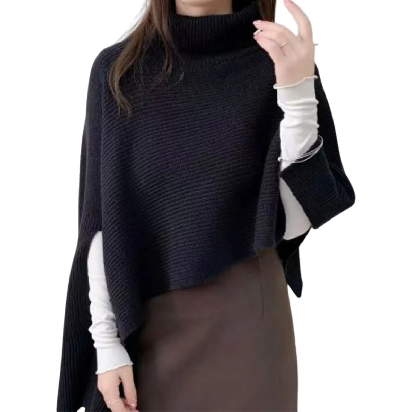 Women Shawl Sweaters Knitted Pullovers Irregularity Jumpers Cloak Turtleneck Elegant Splice Autumn Winter Thick Warm 2024