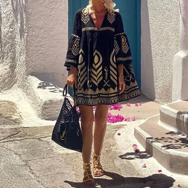Greenora Women Vacation Boho Print V Neck Short Dress Summer Fashion Mini Dress