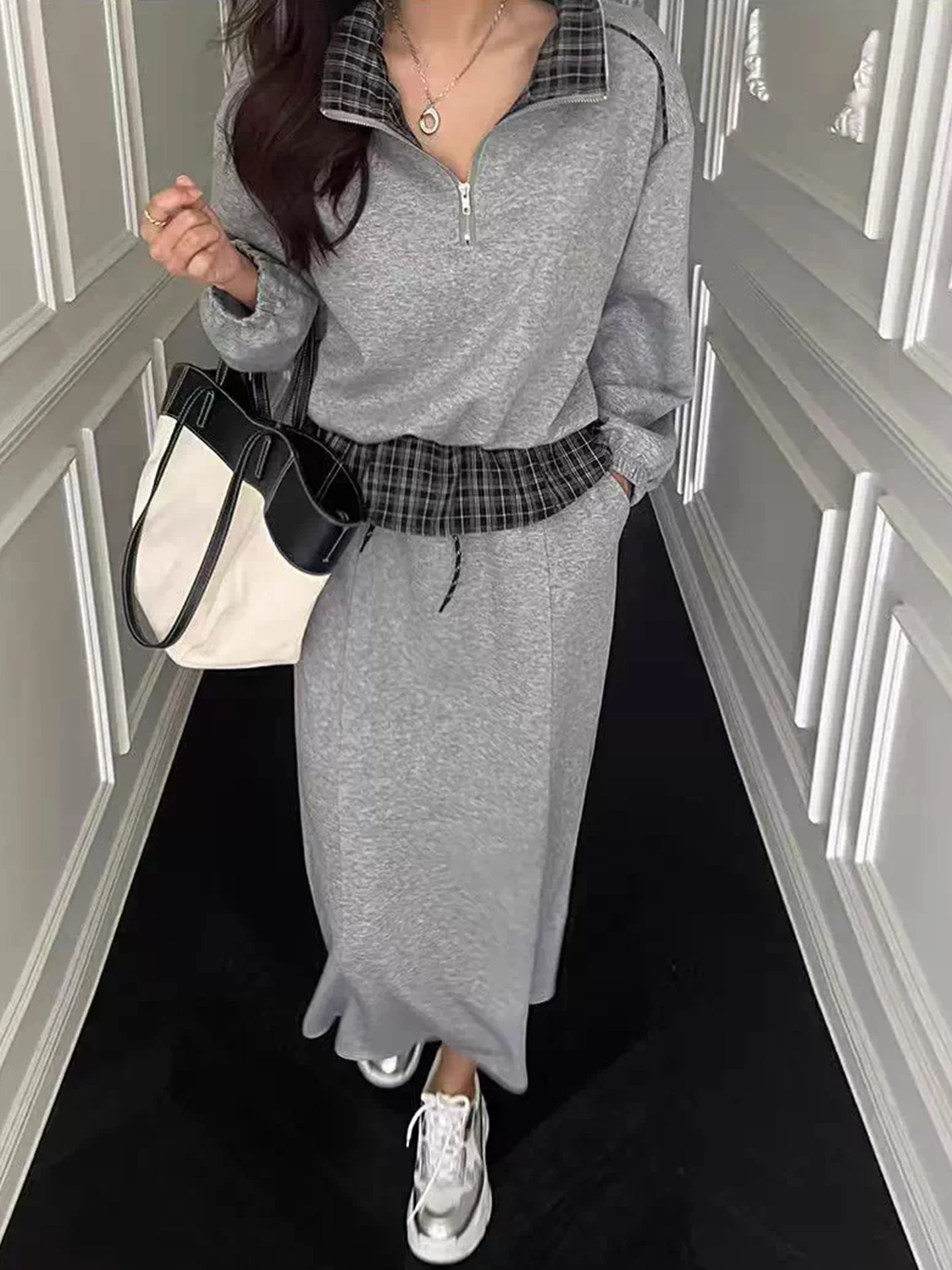 

Длинный свитшот в клетку с высокой талией, женский комплект, осенний новый дизайн, повседневная спортивная одежда, комплект из двух предметов с лоскутными деталями