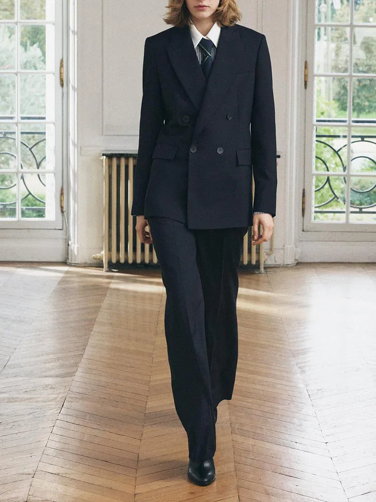 

Новое поступление, осенний двубортный костюм, тюжет, узкие прямые брюки, модный женский комплект, брюки прямого кроя, рабочая одежда