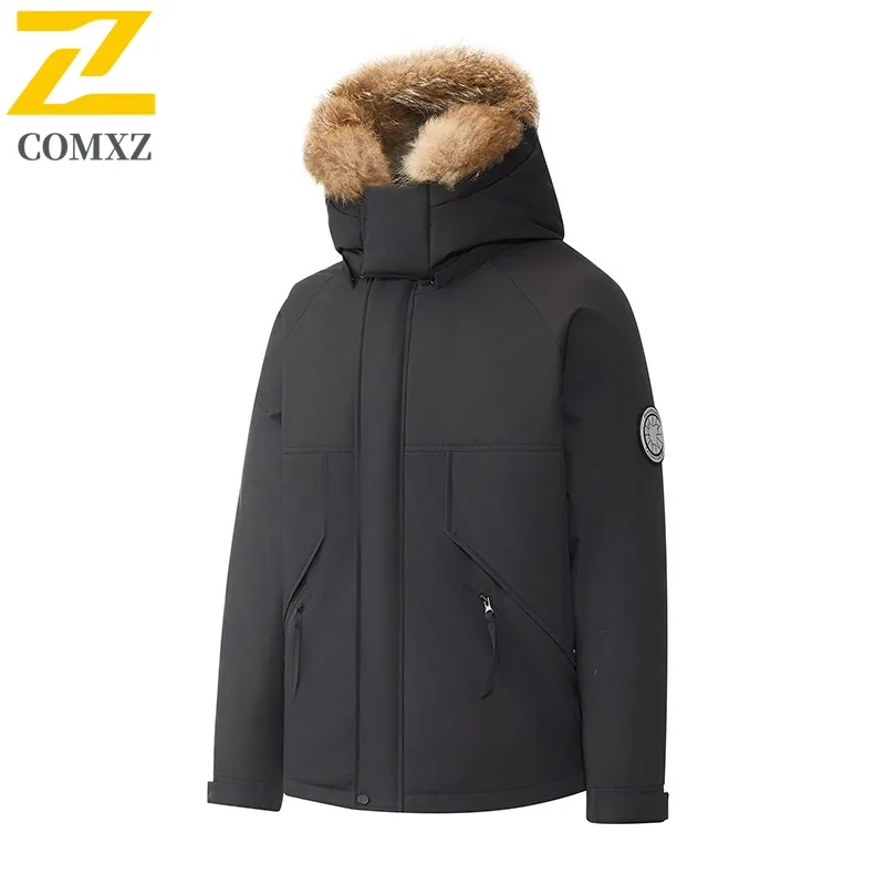 COMXZ Chaqueta ligera de plumón de pato blanco Cuello de piel con capucha Chaqueta acolchada de esquí de nieve a prueba de frío Ropa minimalista de viaje para hombres