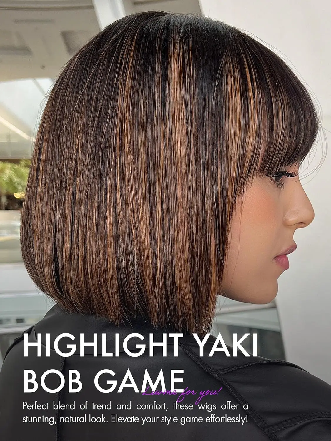 Luvme Hair 10 Inch Yaki Straight Bob Wig With Bangs Human Hair Glueless Hd Lace Bob Wig With Brown Highlights, Ready To Go