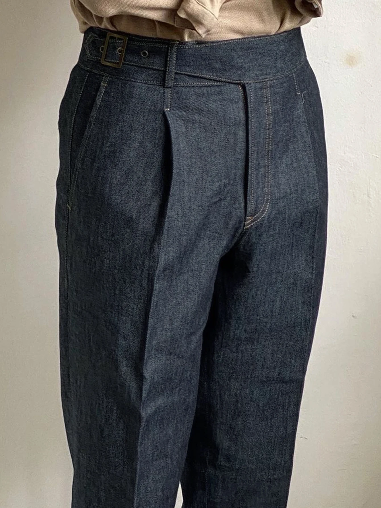 

Мужские прямые брюки с высокой талией, осень-зима, новый стиль, элегантная итальянская удобная ткань, плиссированная джинсовая одежда на пуговицах