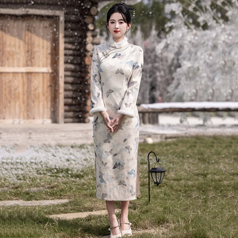 Yourqipao Winter Fleece-Lined Thickened Long Modified Cheongsam Retro Elegant Party Qipao Chinese Style Evening Dress for Women