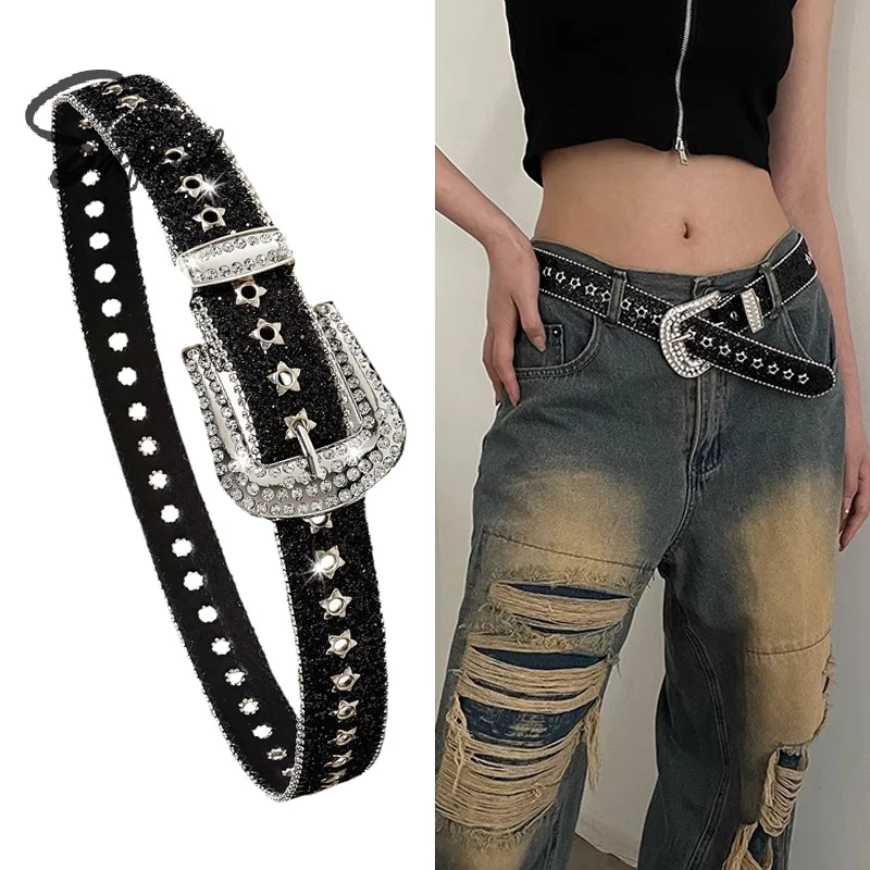 Y2K Women Fashion Solid Print Studded Full Rhinestone Belt PU Leather Bling Crystal Adjustable Glitter Waistband For Club Party