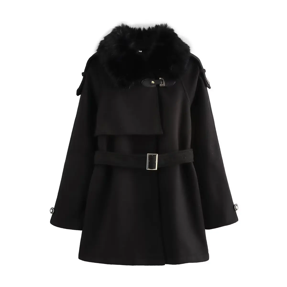 

Женское элегантное черное шерстяное пальто с декоративным воротником, ветровка средней длины в стиле Royal Sister, европейский и американский дизайн