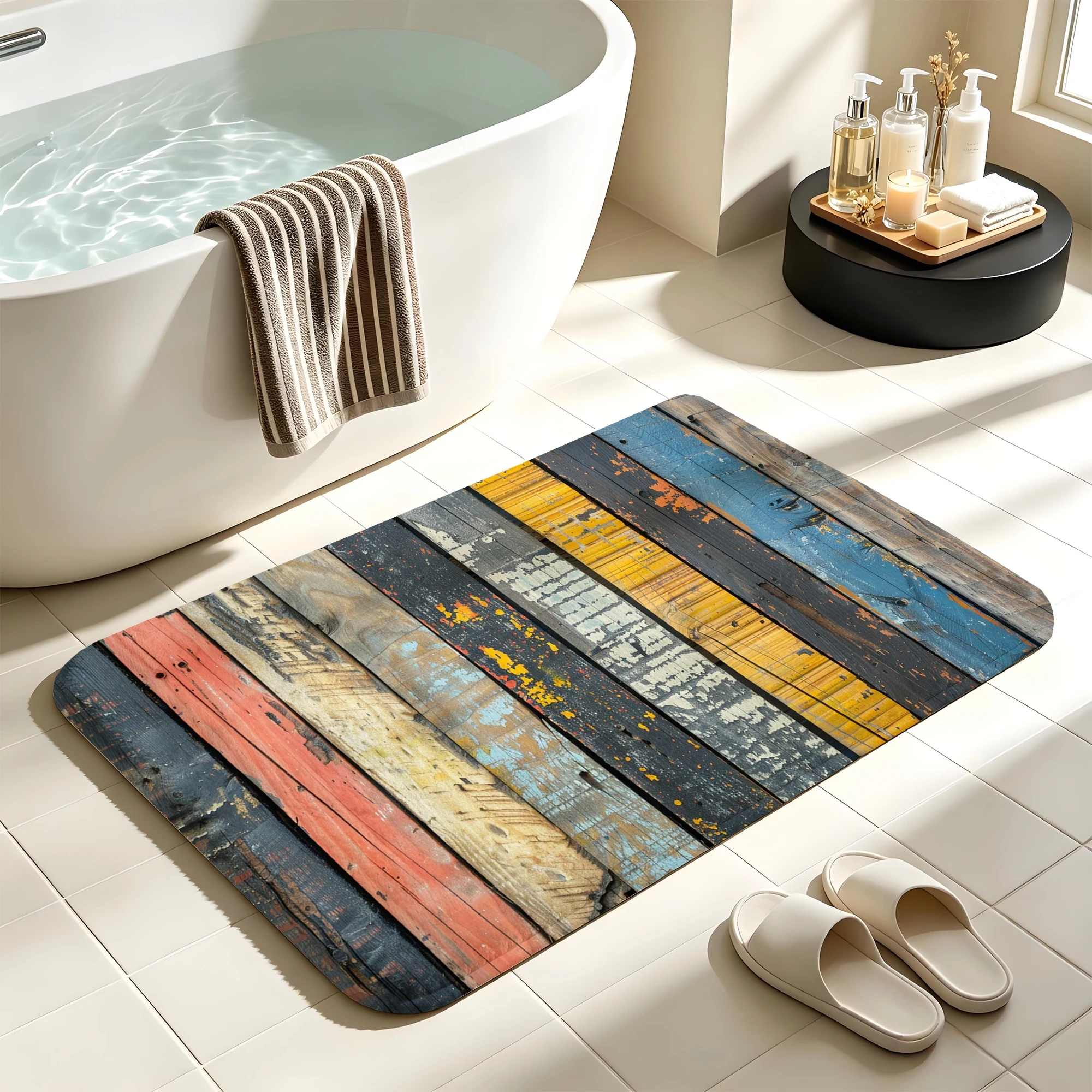 Rustic Multi‑Color Stripe Print Short Plush Absorbent Sponge Floor Mat,Bath Non‑Slip Doormat & Decorative Door Mat
