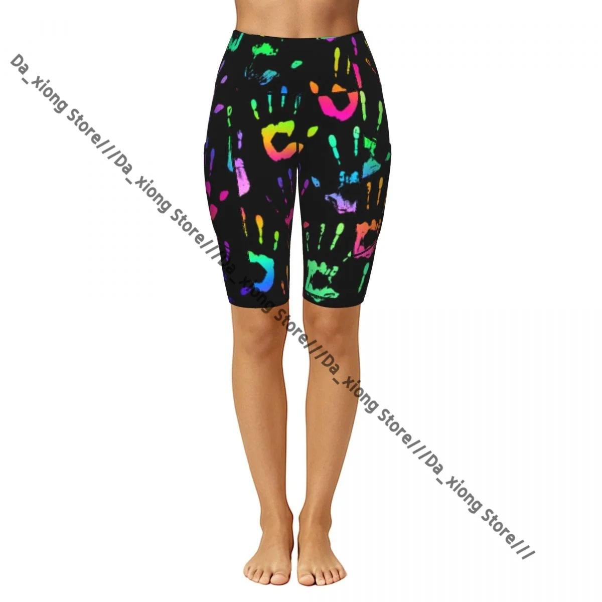 Female Hip Lift Yoga Shorts Rainbow Handprints Daily Wear Fitness Active Pants