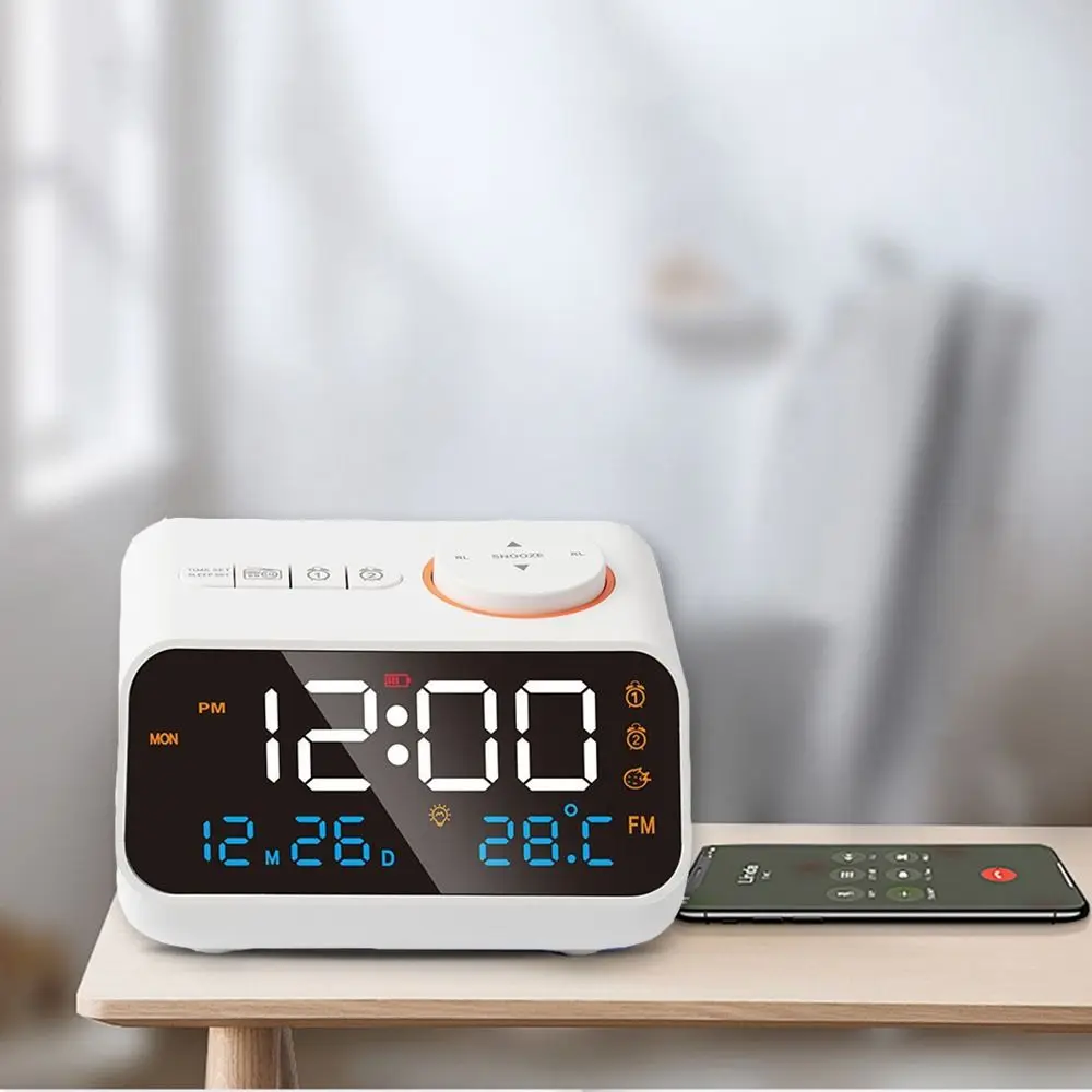 

Adjustable Volume FM Radio LED Alarm Clock Thermometer Hygrometer Digital Table Calendar Voice Control USB Charging