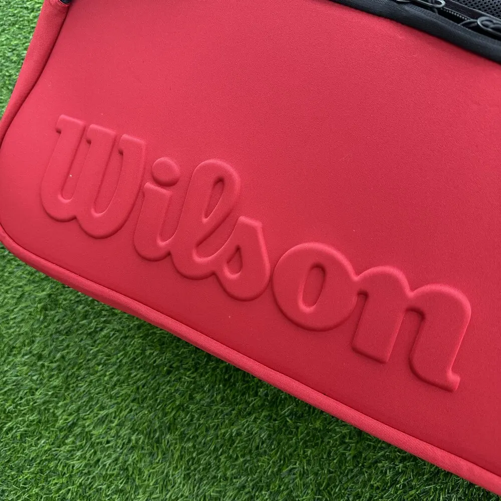 Wilson Embossed Logo Clash V2 Super Tour Tennis Bag for 9 Rackets with Thermoguard Compartment Red PET Shell Racquet Backpack