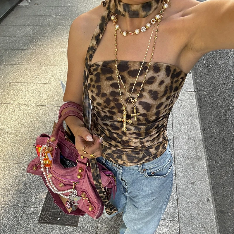 Leopard Tulle Crop Top Women Print Ruched Corset Top Woman Vintage Summer Halter Top Backless Sexy Party Tops For Women