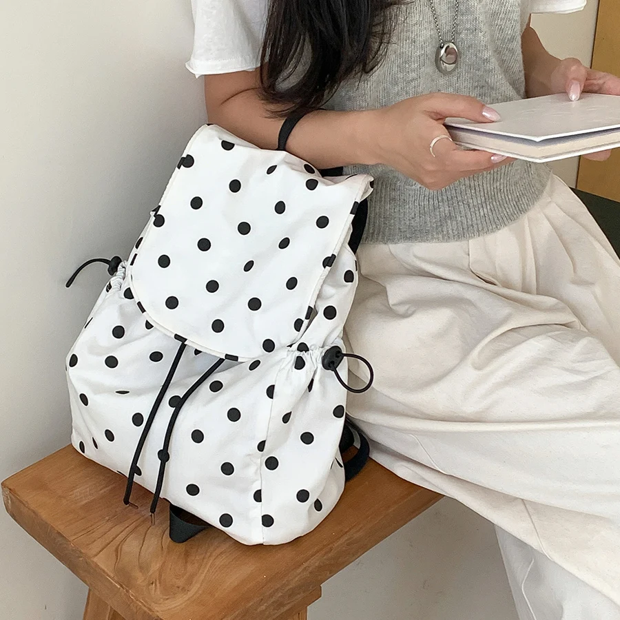 

Fashion Drawstring Flap Backpack Women Nylon Polka Dot School Bagpack Fashion Travel Commuter Shoulder Bag Girls Schoolbag Bolsa