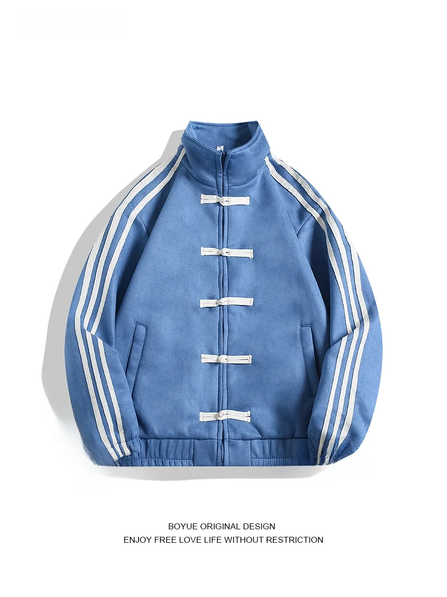 جاكيت رياضي صيني الطراز من الجلد المدبوغ بثلاثة خطوط للجنسين، جاكيت أنيق بأزرار وياقة عالية للشباب للارتداء اليومي