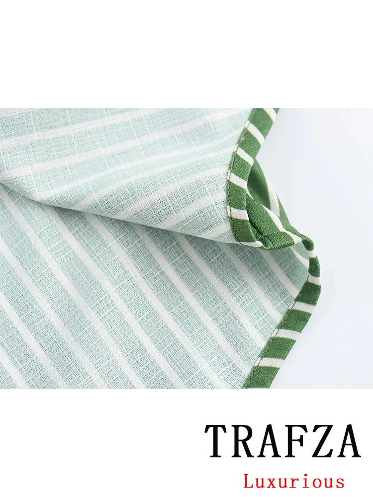 TRAFZA Vintage Casual Striped Women Suit Single Breasted Half Sleeve Shirt Loose Long Pants Chic Fashion 2024 Summer Basics Sets