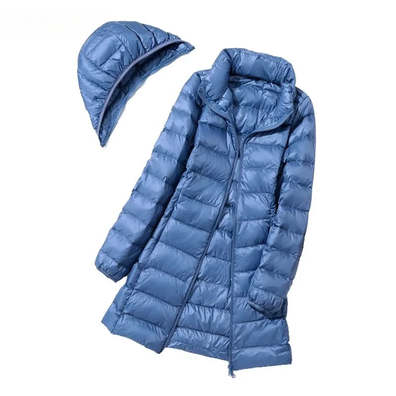 High-Quality Ultralight White Duck Down Long Coat with Removable Hood Thin Slim Spring Autumn Outwear New Women Down Jacket