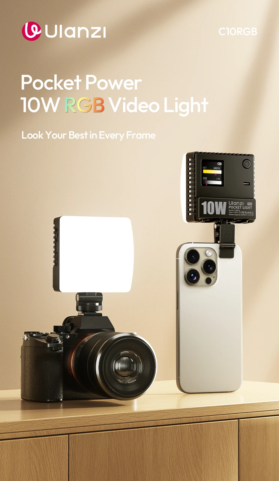 Ulanzi C10RGB Pocket Power 10W RGB-Videoleuchte 1800K-9000K Bi-Color-LED-Licht für Telefonkamera Stativ Video Vlog Fotografie – Detail 1