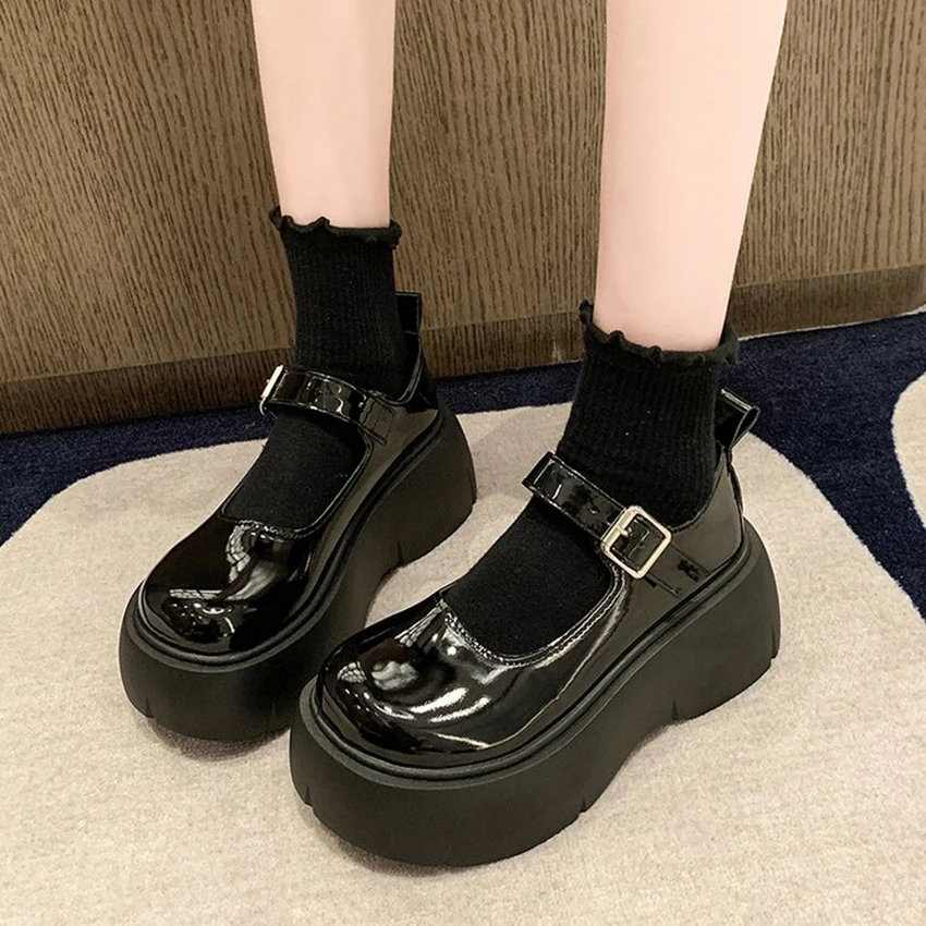 

2024 NEW Female Oxford Spring Fall High Heels Block Platform Shoes Women's Office Patent Leather Casual Fashion vulcanized Sheos