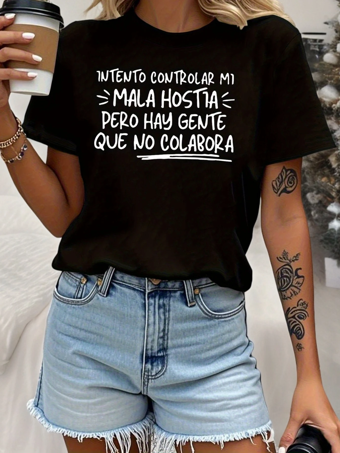 Women's Fun Spanish Short Sleeve T-Shirt - White Letter on Black Background - Crew Neck Casual Daily To