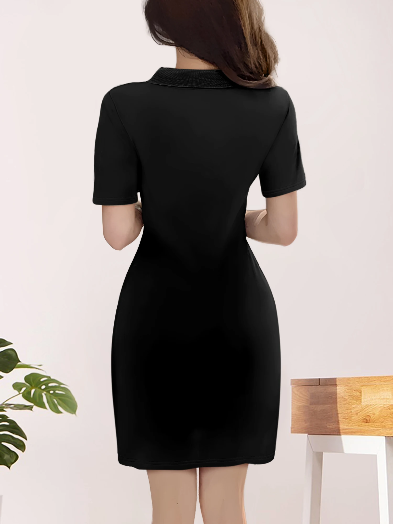 Bodycon-polojurk voor dames, korte mouw, V-hals, midi-jurk met contrasterende afwerking, elastische, comfortabele jurk voor dagelijks en vakantie