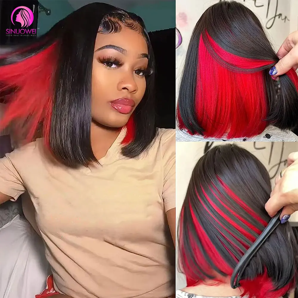 Red Black Highlight Transparent 4x4 Lace Human Hair Bob Wig For Women Short Straight Wigs Black With Red Wig Ombre Colored Hair