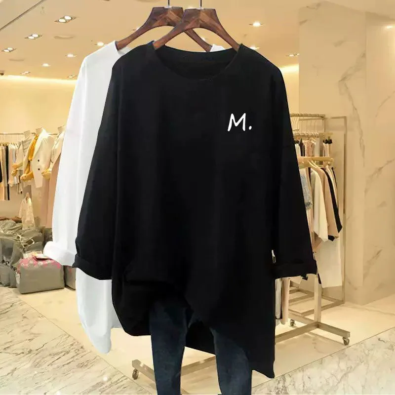 Women Clothing Fashion Long Sleeve T-shirt Spring Autumn Letter Printing Top Tee Lady Simple Style Soft Comfort Cotton Pullover