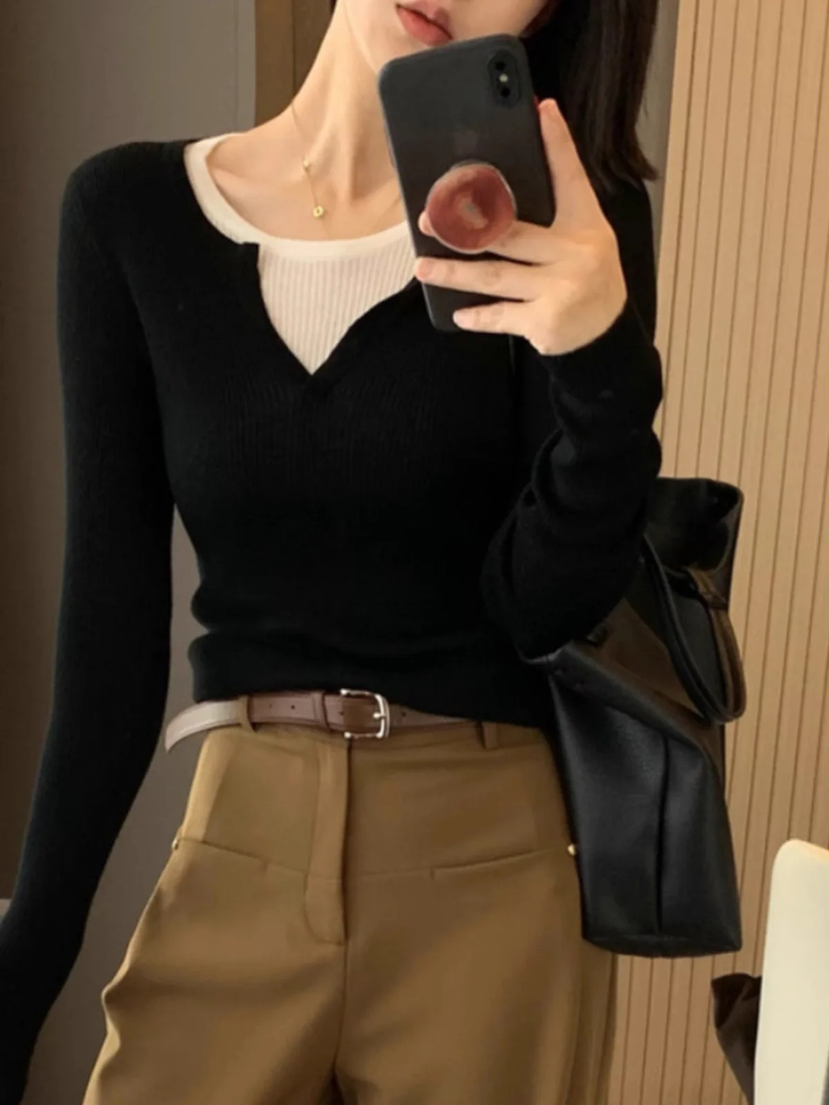 Fashion fold wear slim fake two half open neck cashmere sweater women\'s spring and autumn slim sweater wool base shirt