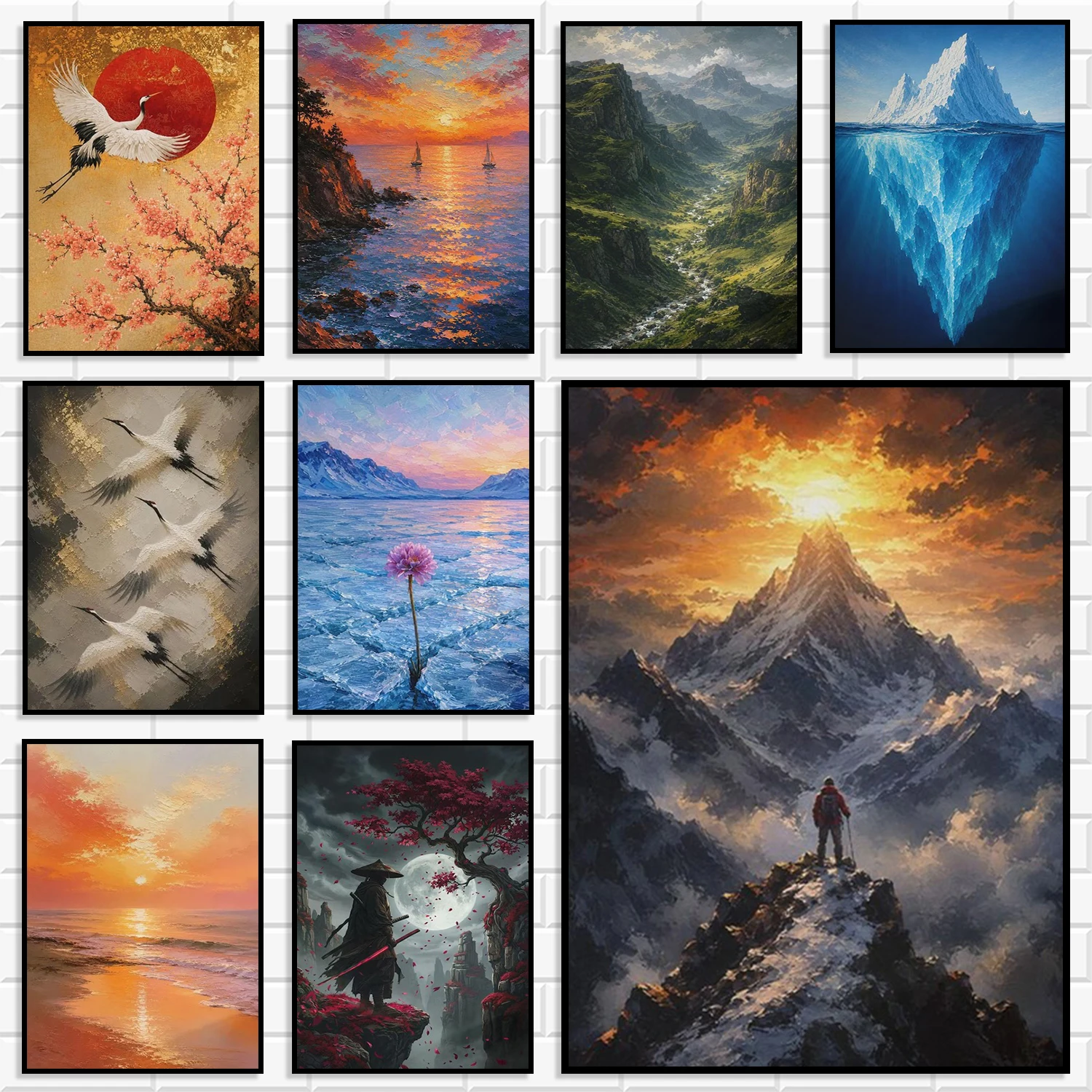 Nature Landscape Canvas Prints White Crane Snow Mountain Hiker Ocean Sunset Oriental Samurai Mountain Nordic Home Decor Poster