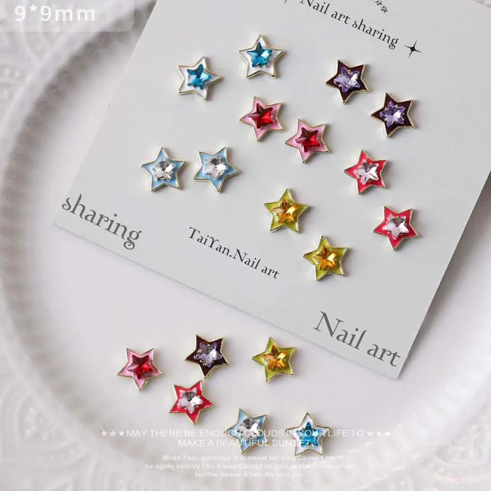 Breloques colorées en forme d'étoile pour ongles, 10 pièces, en alliage, 3D, base en métal, cristal, bijoux, design japonais, décoration
