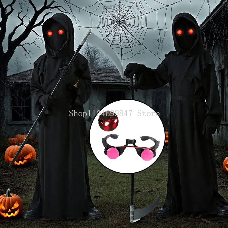 

Halloween Cosplay Costume Death God Scary Skeleton Outfit Boy Girl Full Set Glowing Red Eyes Grim Reaper Ghost Robe Scythe Props